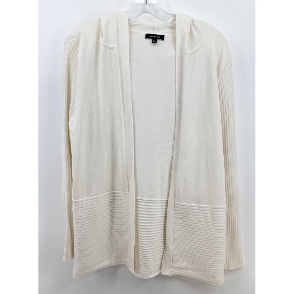 Verve Ami Cardigan Sweater Womens Size L Cream  Open Front Long Ribbed Hooded